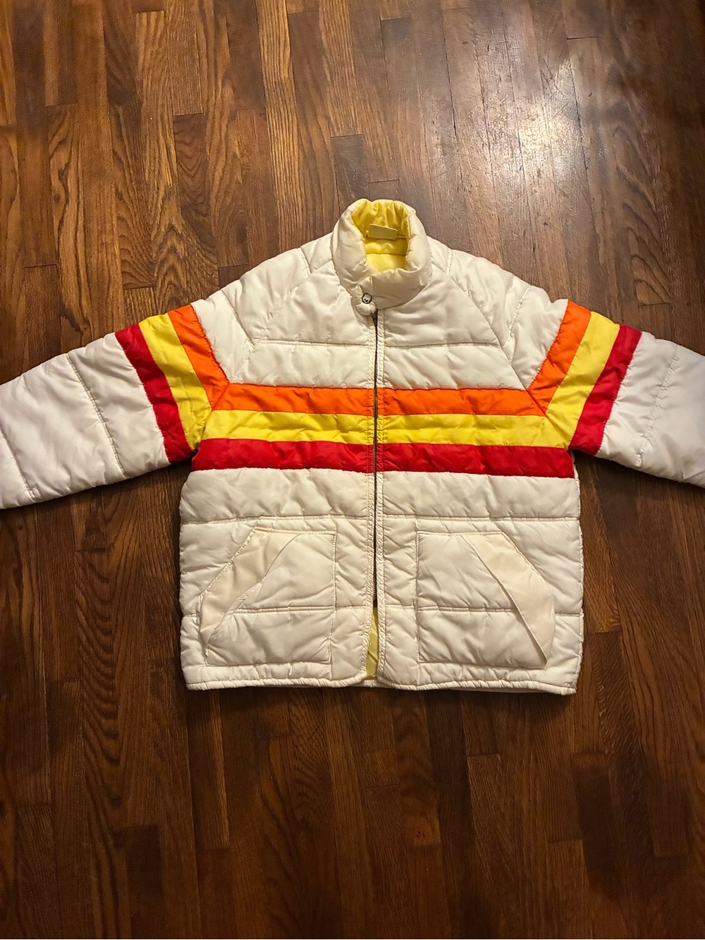 Kids Colorblock Puffer Jacket in Cream with Red, Orange & Yellow Stripes